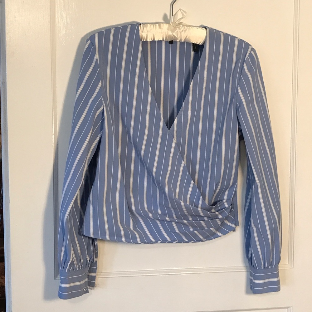 Theory Blue and White Striped Wrap Blouse